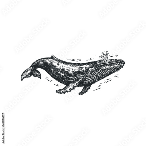 Whale breaching the water surface with spray in a bold ink sketch