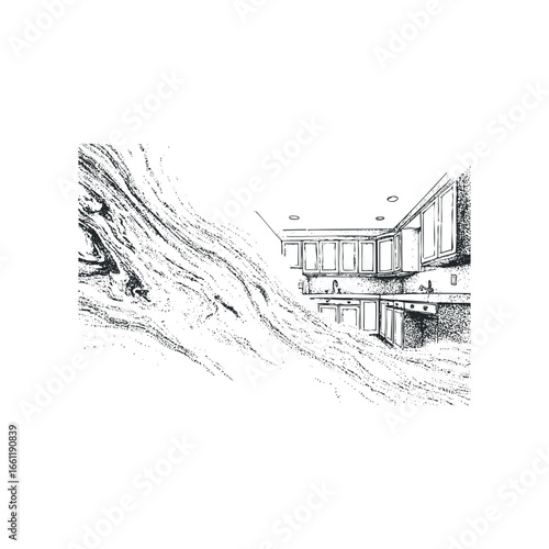 Sketch of a Modern Kitchen with Marble Countertops and Cabinets