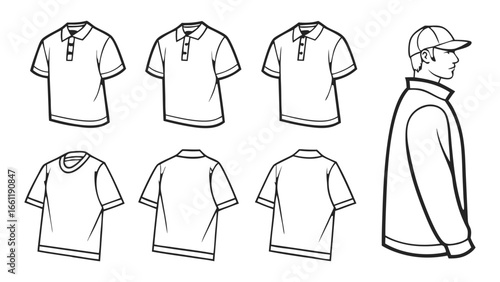 Vector art of collection of polo shirts and t-shirts shown from front, back, and side views, along with a person wearing a jacket and cap.