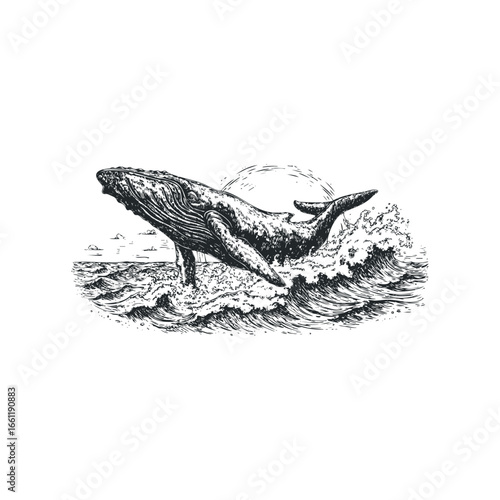 Whale breaching water graphic in sketchy line art style