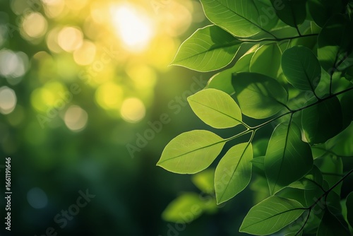Natural Green Leaves Illuminated by Sunlight During Golden Hour in a Serene F...