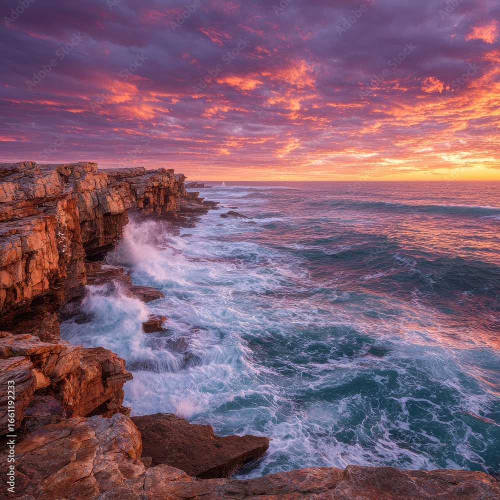 Fototapeta premium Coastal cliffs meet ocean waves under a fiery sunset sky