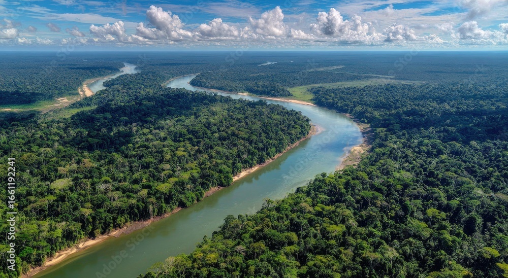 Fototapeta premium Lush Amazon river winding through dense jungle
