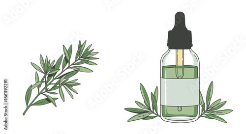 Herbal essence dropper bottle with leaves on white background -  