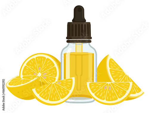 Lemon essential oil bottle with sliced lemons on white background  