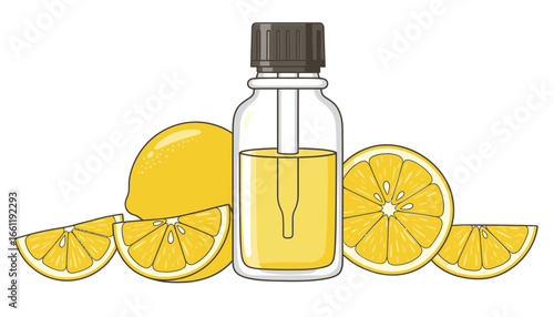 Lemon essential oil bottle with whole lemon and sliced lemons  