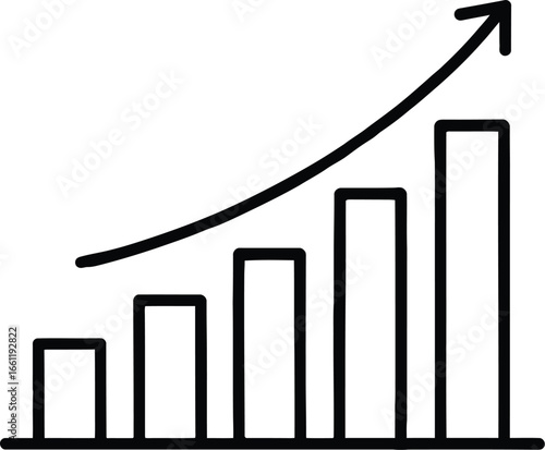 Black and White Icon of Bar Graph with Six Increasing Vertical Bars and Curved Upward Arrow Representing Growth, Progress, and Positive Trend in Business or Data Analysis