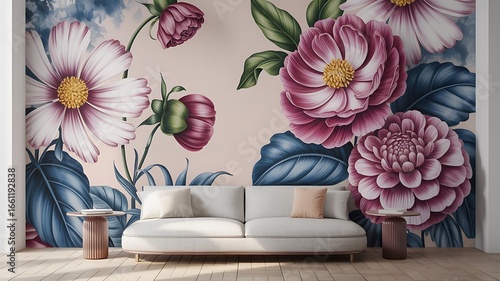 Ai generated image of watercolor floral mural with pink and purple flowers on wall