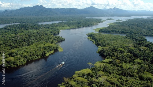 Lush rainforest river system. Aerial view of dark water river winding through dense green jungle. Mountains in the distance. Small boat on the water