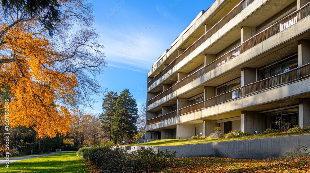 Obraz premium Side angle of G concrete structure mid-construction with balconies and outer walls partially complete