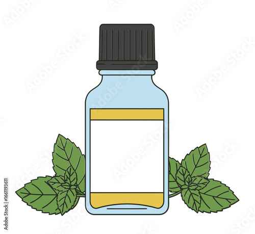 Essential oil bottle with mint leaves on white background  