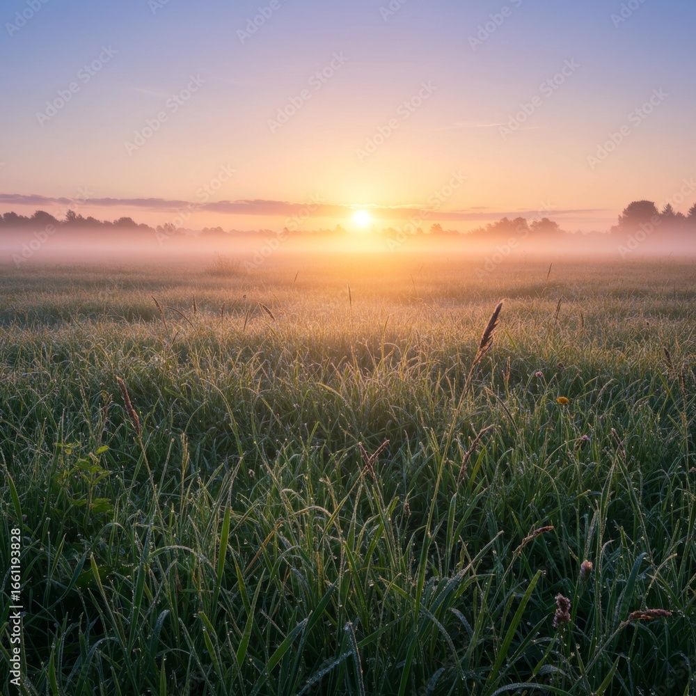 Fototapeta premium Misty Sunrise Over Dew-Covered Field