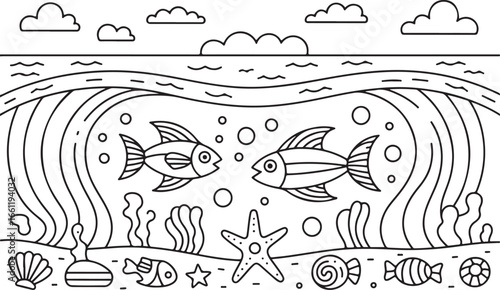 Oceanic Underwater Scene with Tropical Fish, Seaweed, and Shells for Nature and Ocean Designs