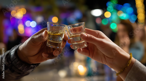Close-up of hands clinking shot glasses during a dance party