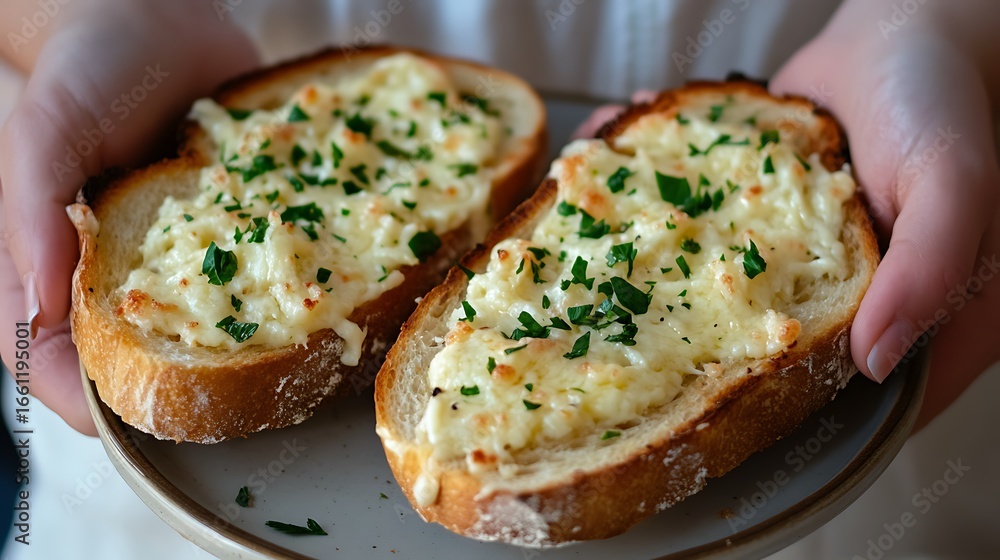 Obraz premium Hands holding toast with garlic cheese spread, cozy kitchen vibe