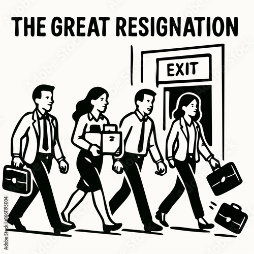 Office workers leaving building during The Great Resignation