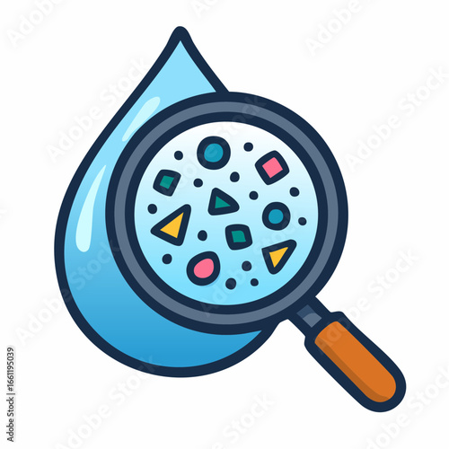 Water droplet showing microplastics through magnifying glass