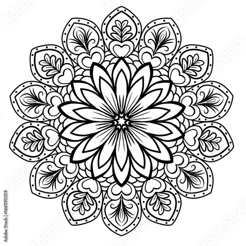 Beautiful mandala floral pattern in black and white line art style, perfect for coloring, meditation art, tattoo designs, home decor and digital download projects.