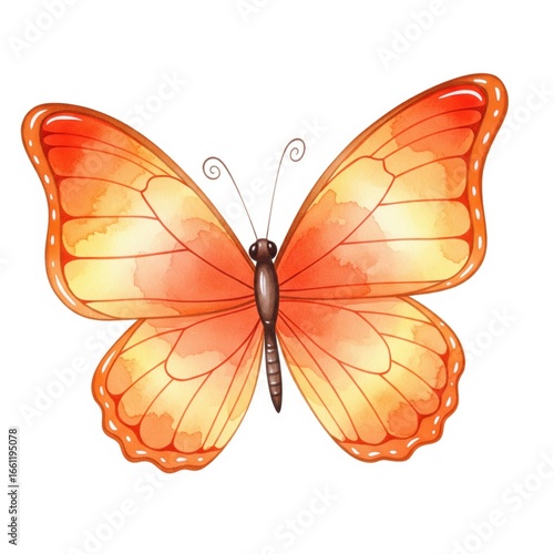 A beautifully illustrated orange butterfly with intricate wing patterns, showcasing vibrant colors and delicate antennae.