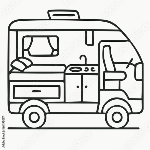Cutaway view of camper van features interior bed and small kitchenette