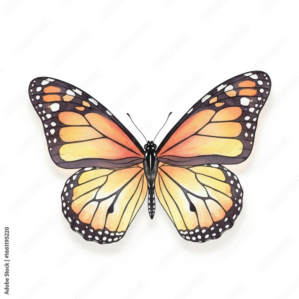 Obraz premium A beautifully detailed illustration of a monarch butterfly showcasing its vibrant orange and black wings against a plain background.