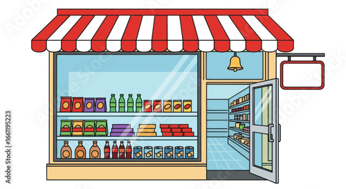 Illustration of a small grocery store with a storefront and interior.