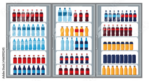 A refrigerated display cooler filled with a wide variety of bottled beverages, including water, soda, and juice, neatly arranged on shelves.