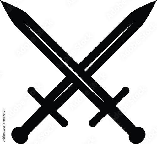 Black Silhouette Icon of Two Crossed Swords with Straight Blades and Simple Crossguards Representing Combat, Strength, and Military Symbolism