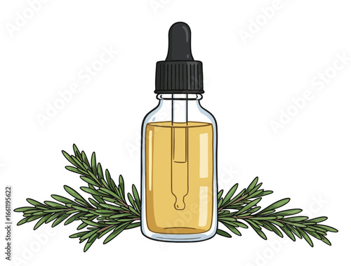 Aromatherapy essential oil dropper bottle with rosemary sprigs  