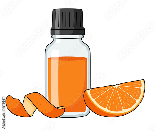 Orange essential oil bottle with orange slice and peel on white background  