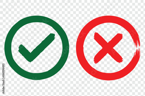 Tick and cross brush signs. Symbols YES and NO button for vote, decision, web. Right and wrong. Grunge hand drawn with brush strokes cross x and tick OK check marks. eps 10