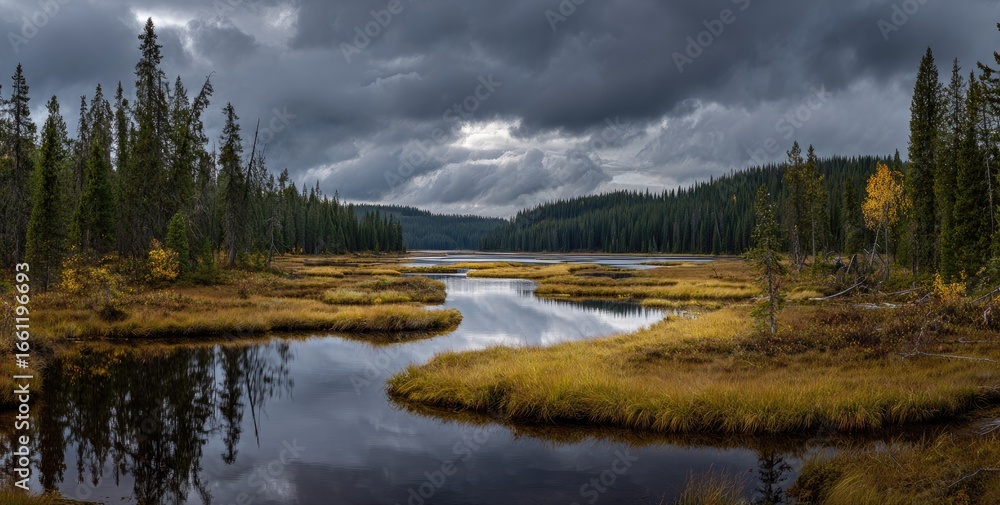 Fototapeta premium Autumnal lake scene under a brooding sky