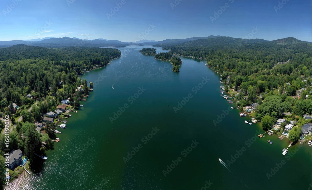 Naklejka premium Panoramic lake view with shoreline homes