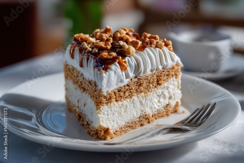 Wallpaper Mural A slice of multilayered cake with white frosting nuts and caramel on a white plate with a fork Torontodigital.ca