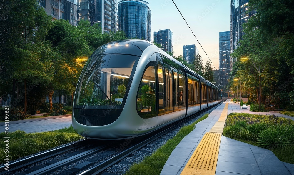 Naklejka premium City railway system concept, emphasizing the transition towards sustainable transportation solutions. The image represents the development of efficient, greener modes of urban, Generative AI