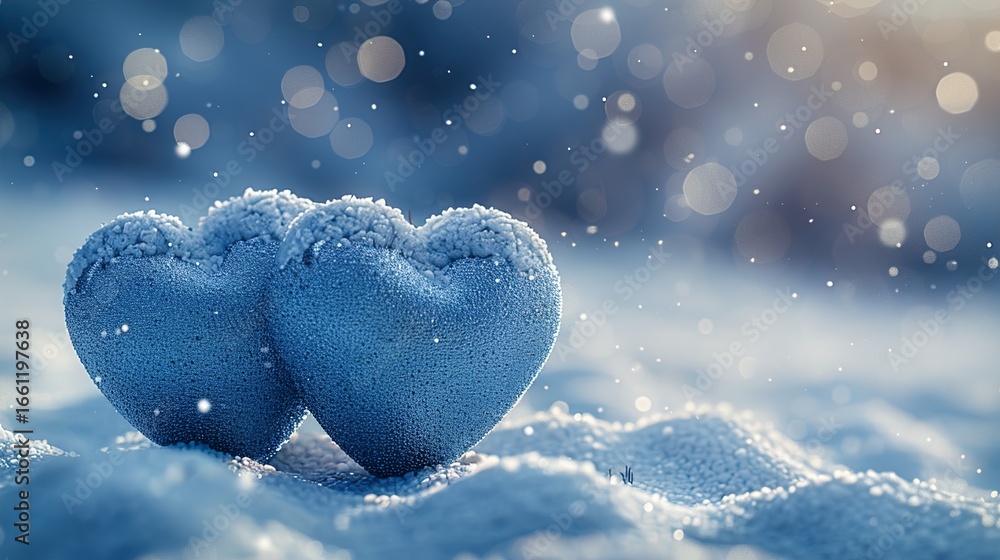 Fototapeta premium Elegant blue holiday background with shimmering white heart bokeh lights, 