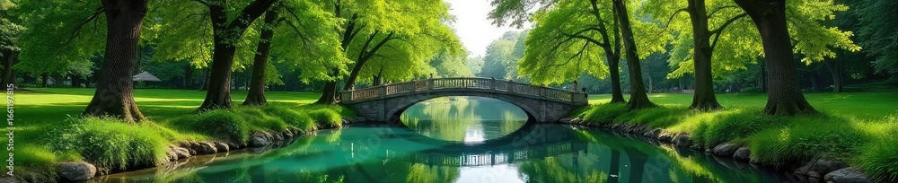 Fototapeta premium A lush green park spans a tranquil waterway, with a charming footbridge arching gracefully over the clear water Perfect for nature, travel, and environmental themes , peaceful, spring