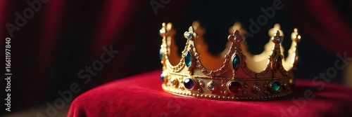 A majestic crown rests upon a velvet cushion, symbolic of royal power and legacy The intricate details and gleaming jewels highlight the opulence of a kingdom's reign , royal, scepter
