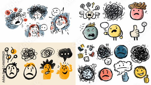 Set of hand-drawn doodle characters showing stress, anxiety, and emotional overload in playful sketch style. Ideal for psychology, therapy, or mental health awareness illustrations.