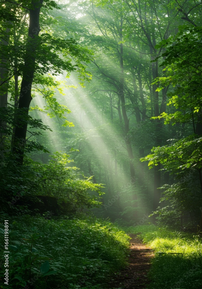 Obraz premium Sunlit Forest Path: Green Canopy and Misty Morning