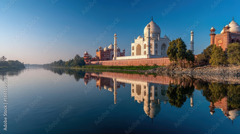 Fototapeta premium Panoramic view of the Taj Mahal reflecting perfectly in the Yamuna river under a clear blue sky