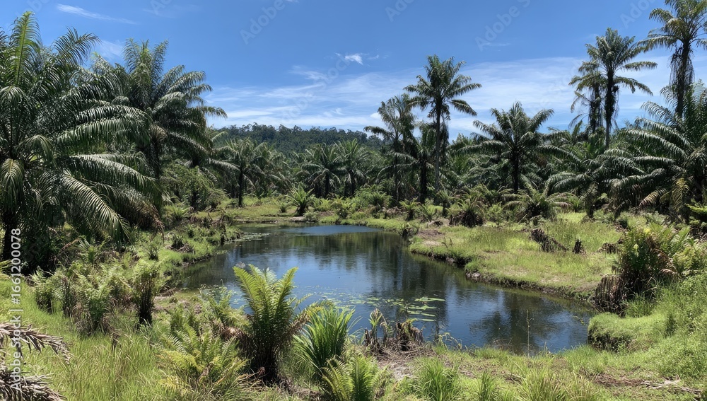 Obraz premium Palm grove surrounds tranquil pond