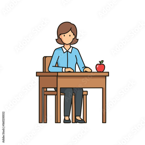 Teacher sits at desk, apple on table, classroom setting.