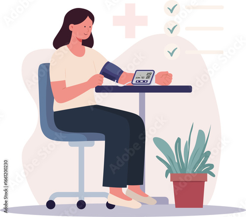 Woman Checking Blood Pressure with Digital Monitor – Flat Vector Illustration