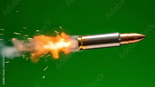 A bullet in mid-flight with smoke and sparks against a green screen, symbolizing speed, power, and impact.