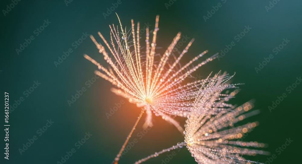 Fototapeta premium Close up of two fluffy dandelion seeds with water droplets in sunlight