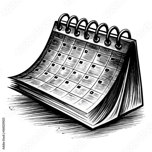 Black and white illustration of a desk calendar on a white background