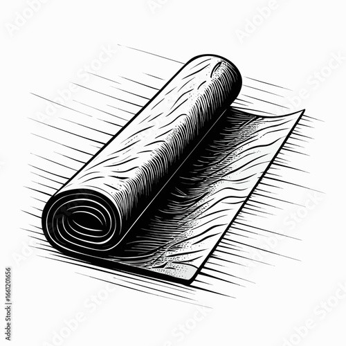 Black and white illustration of a rolled-up yoga mat on a white background
