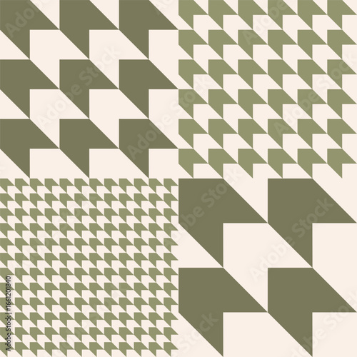 Simple geometric houndstooth design in four different scales forming a checks pattern in colors of sage green and olive green on off white. Seamless vector pattern. Great for home decor, fabric, gifts