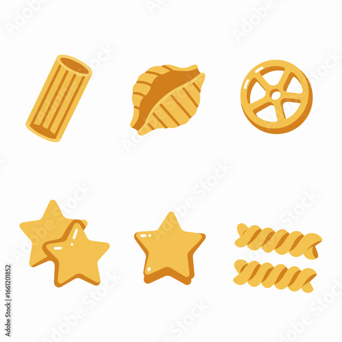 Assortment of various pasta shapes illustration including rigatoni, shells, wheels, stars, and spirals on white.